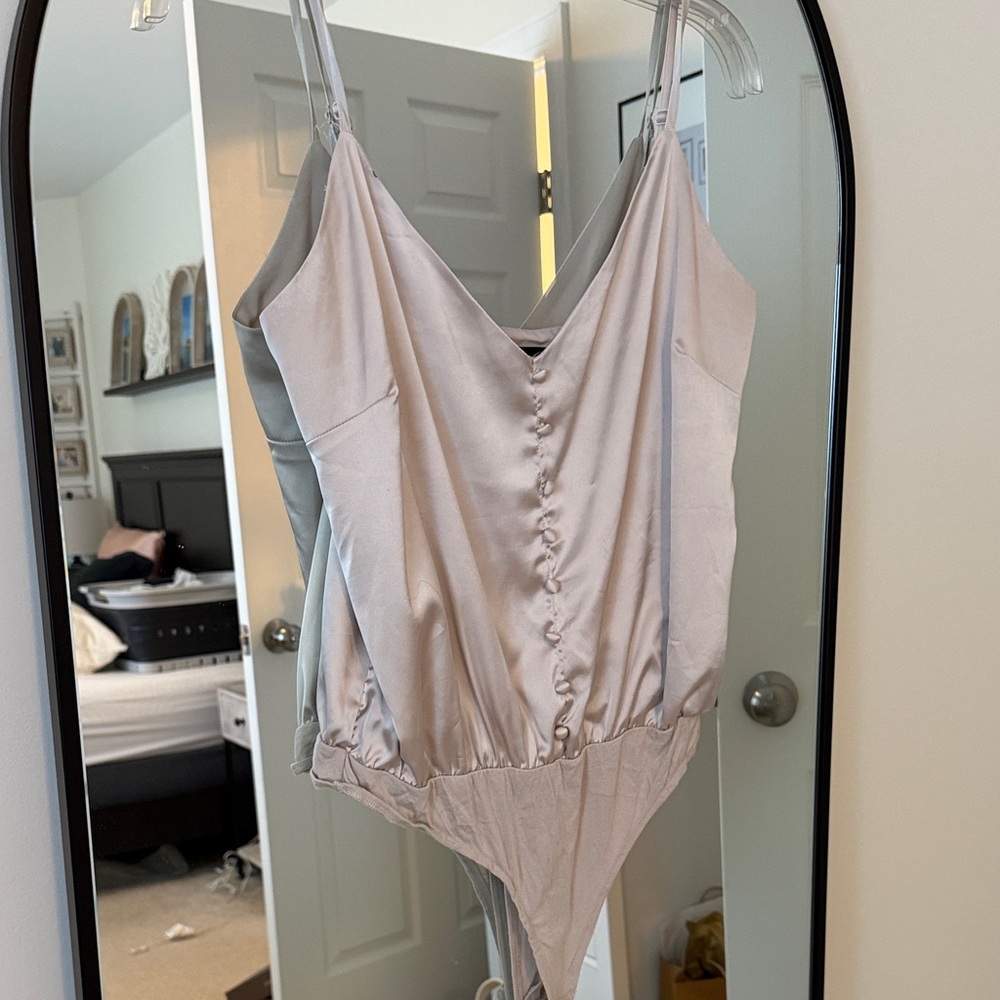Lulu's Satin Button-Front Beige Bodysuit